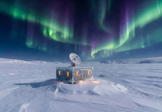 A solitary Arctic research station module glowing with warm interior light against a deep indigo polar night sky, the aurora borealis rippling in green and violet overhead, a white flat-panel satellite terminal mounted on the roof pointing upward, snow-covered glacial terrain stretching to the horizon, photorealistic cinematic composition emphasizing the contrast between extreme isolation and invisible global connectivity, dramatic wide-angle perspective