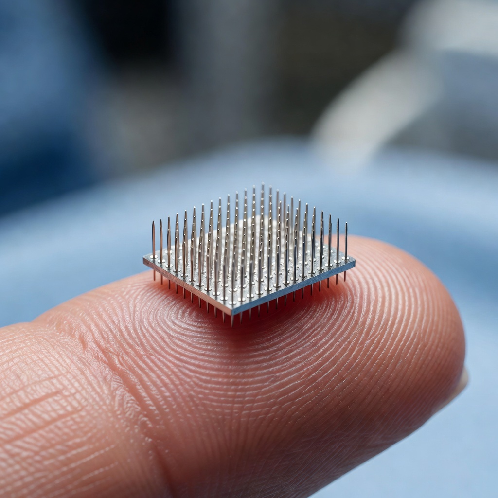 Close-up of a Utah Array neural implant next to a human fingertip showing the microscopic scale of brain electrode technology