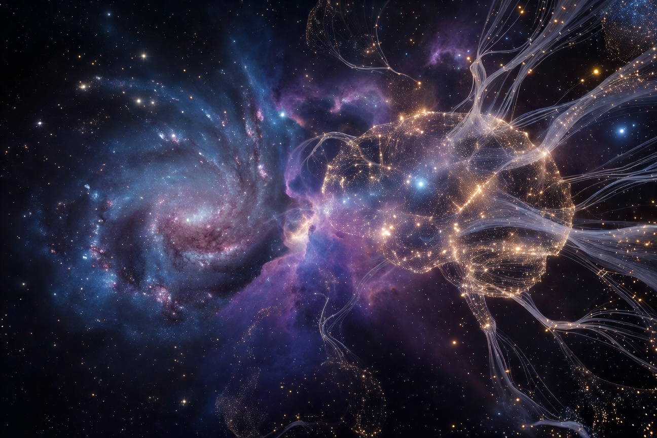 A vast cosmic neural network merging with deep space imagery, representing xAI's Grok attempting to decode the universe