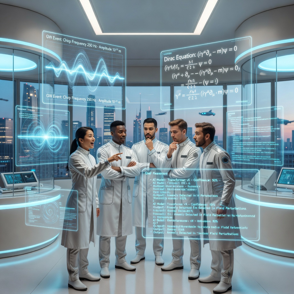 Scientists and AI researchers examining complex data streams and cosmic radiation patterns on holographic displays