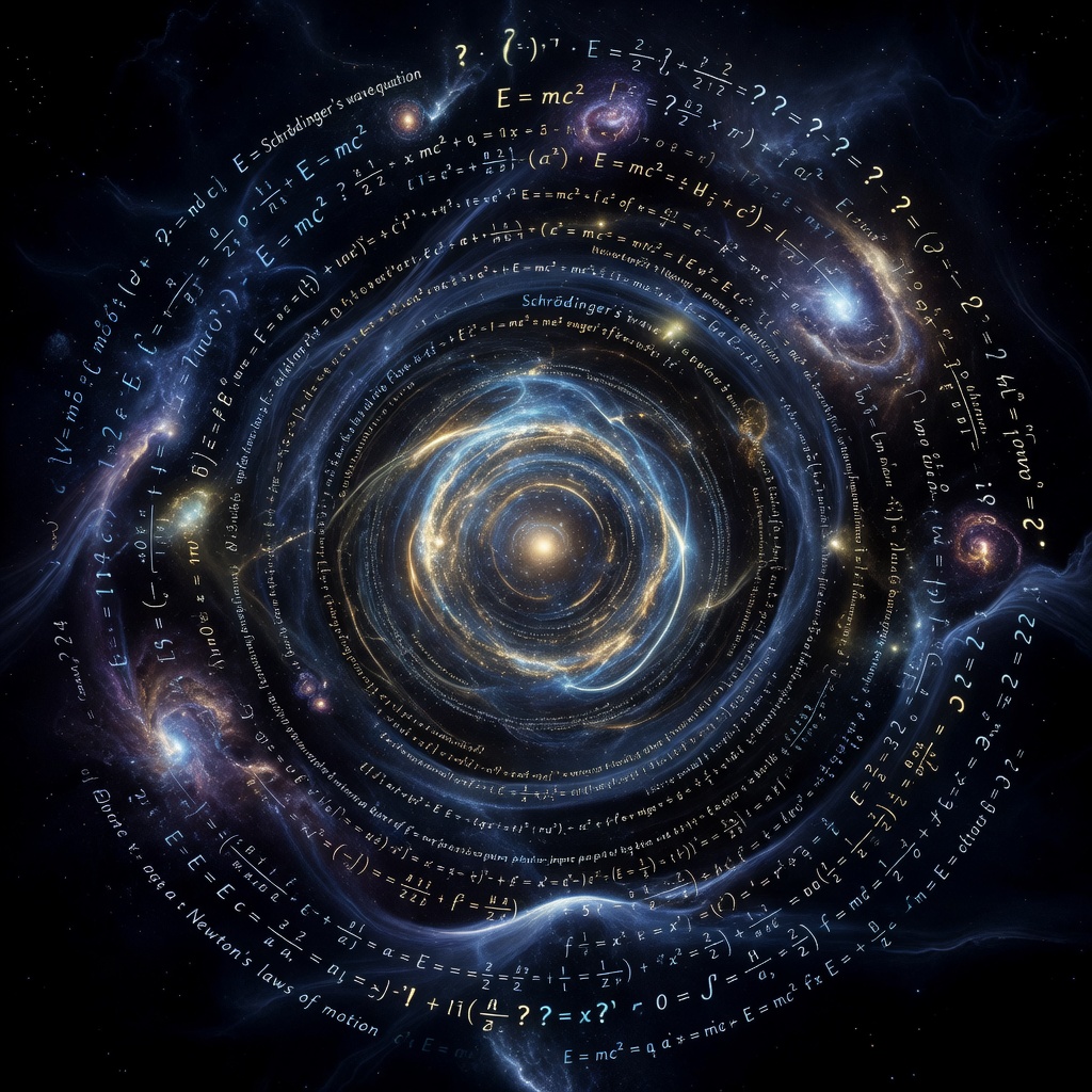 A futuristic AI system analyzing gravitational wave data and quantum field equations, bridging machine intelligence and cosmological discovery