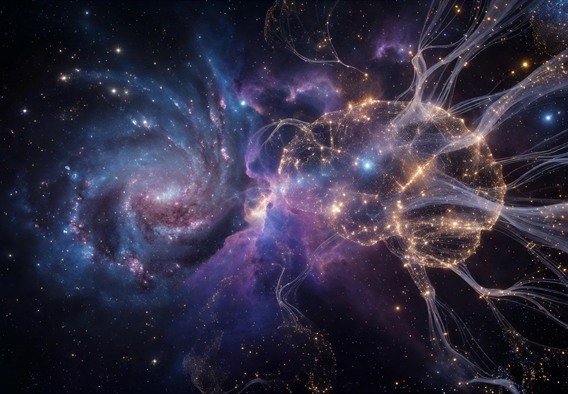 A breathtaking cosmic panorama where swirling galaxies and nebulae seamlessly transition into glowing neural network pathways, representing the merger of artificial intelligence and universal comprehension. Deep space blues and purples with warm amber AI data streams, photorealistic, cinematic lighting, 8K resolution, sense of infinite scale and profound discovery.