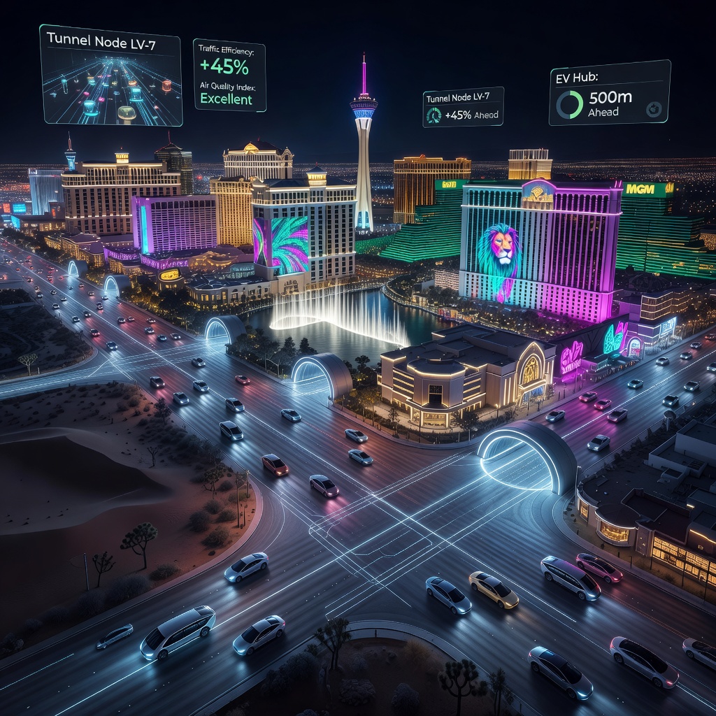 Aerial view of Las Vegas Strip at night with glowing tunnel entrance points superimposed across resort districts