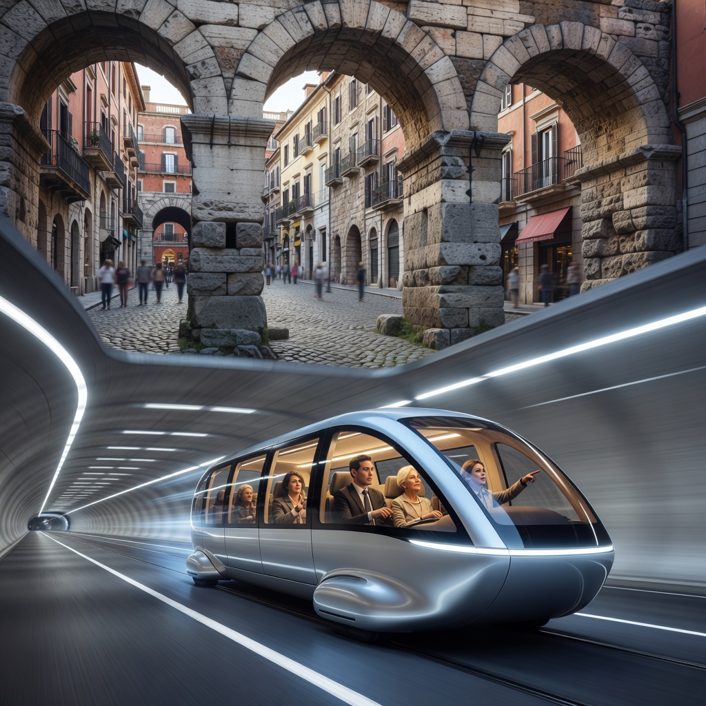 Futuristic autonomous transit pod accelerating through a brightly lit underground tunnel beneath a dense European city