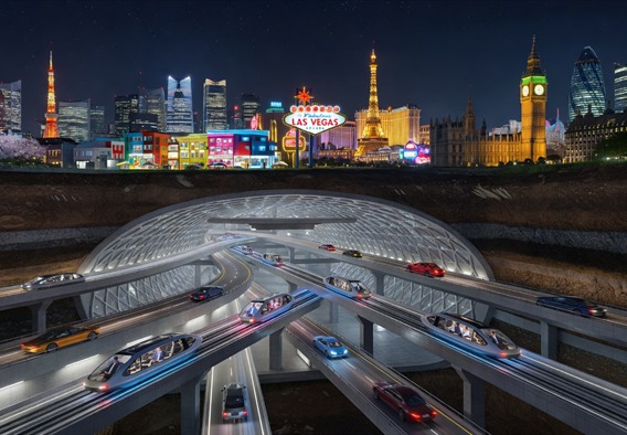 Photorealistic futuristic concept art of a cross-section view through a glowing underground transit tunnel system beneath a dense global megacity skyline, multiple city silhouettes visible above ground representing Tokyo, Lagos, Las Vegas, and European cities, electric vehicles and autonomous pods moving through the tunnel, warm blue and white lighting, cinematic scale, high detail, sense of human progress and connectivity beneath diverse urban landscapes