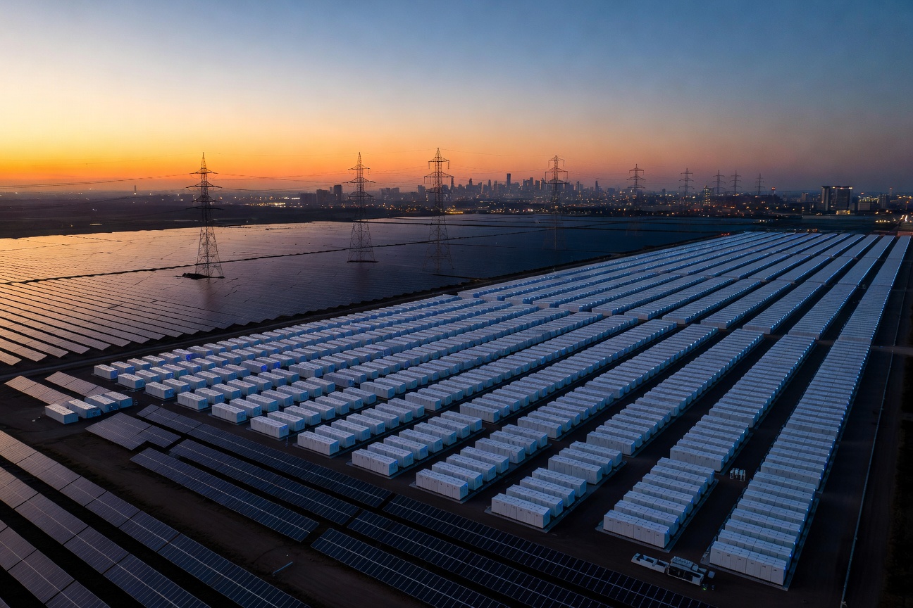 Aerial view of a vast Tesla Megapack installation glowing at twilight beside a solar farm