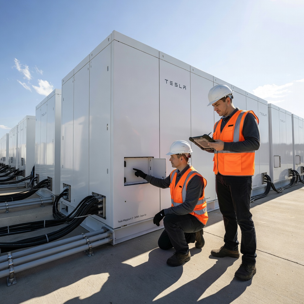 Close-up of Tesla Megapack units lined up in a field with engineers inspecting connections
