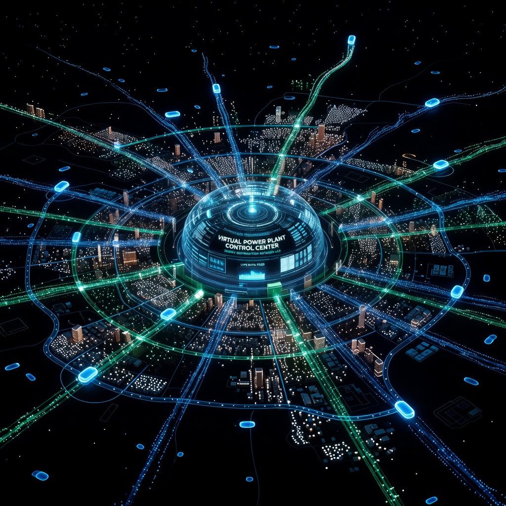 Futuristic visualization of a virtual power plant network connecting homes, solar panels, and batteries across a glowing city map