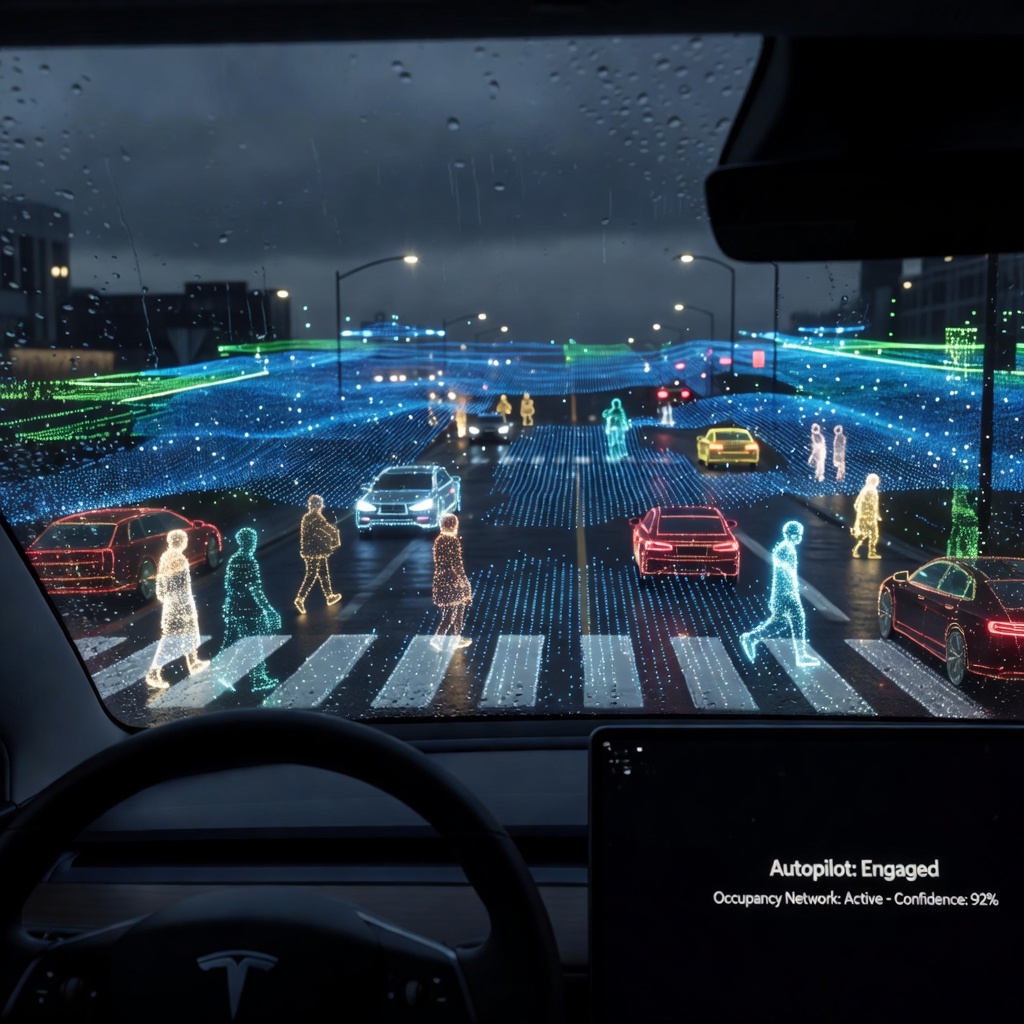 Tesla FSD visualization showing 3D occupancy network mapping around a vehicle