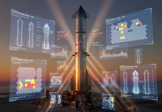 A photorealistic wide-angle view of a massive stainless steel Starship rocket on its orbital launch pad at dawn, illuminated by dramatic orange and gold light, with holographic engineering schematics and stress analysis overlays projected in the air around the vehicle, showing thermal protection tile patterns, engine cluster arrangements, and structural load paths, futuristic and awe-inspiring, ultra high detail, cinematic composition