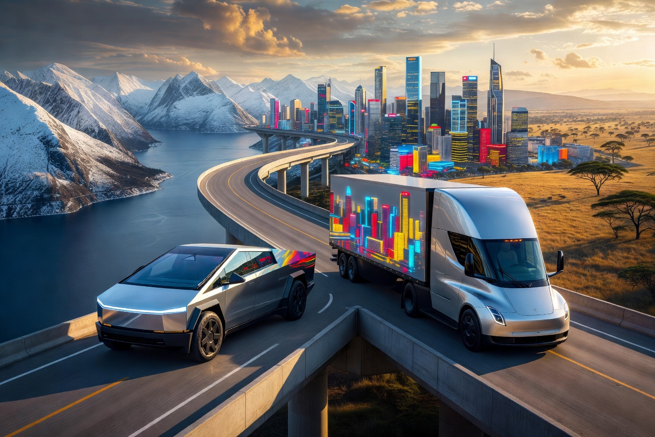 Tesla Cybertruck and Semi trucks side by side on a global highway landscape