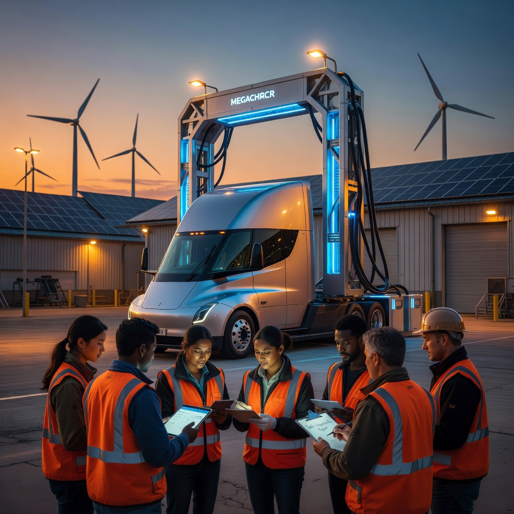 Tesla Semi truck being charged at a Megacharger station in a logistics hub