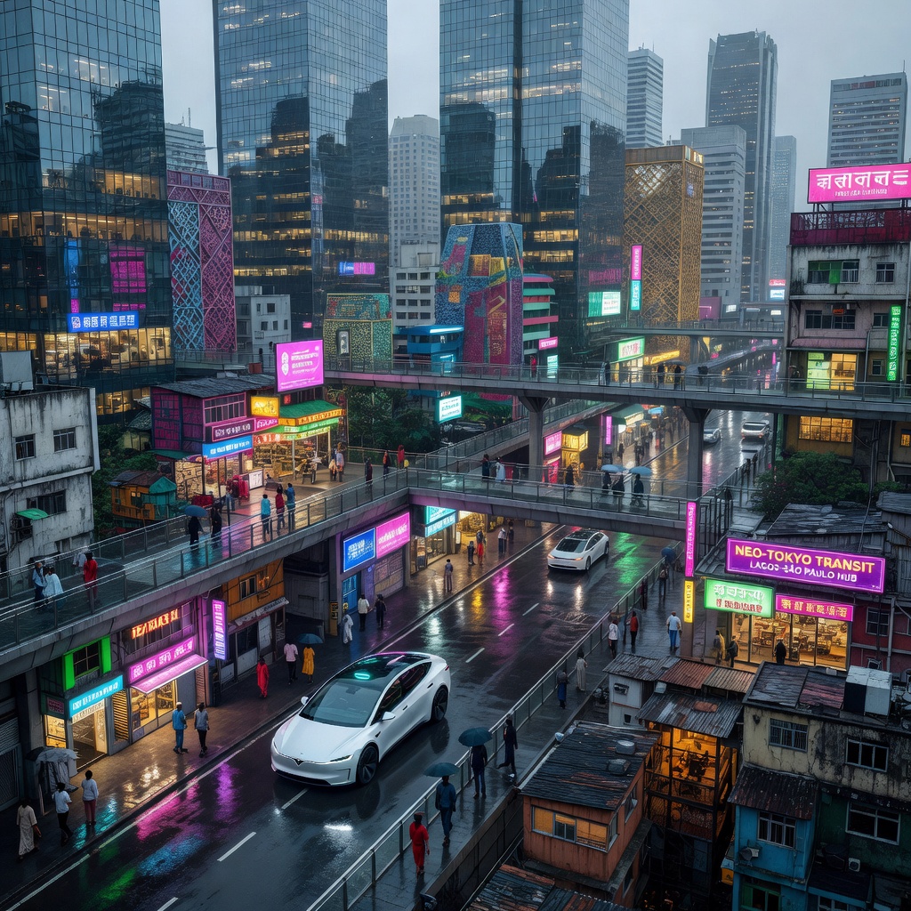 Futuristic autonomous Tesla Cybercab driving through a diverse global cityscape