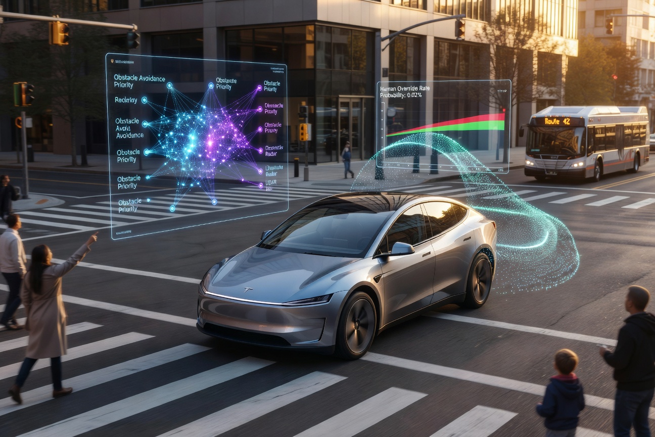 Tesla Cybercab autonomous robotaxi on a city street surrounded by data overlays and sensor visualizations
