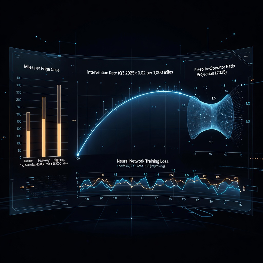 Data visualization dashboard showing FSD intervention rates, miles driven, and neural network training benchmarks