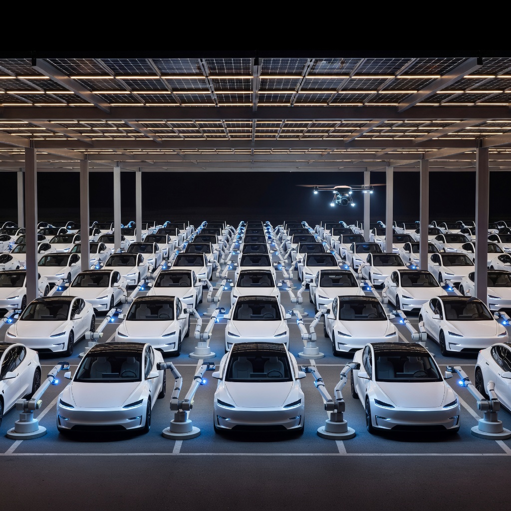 Futuristic Tesla Cybercab fleet charging at an autonomous depot at night with glowing solar panels and robotic charging arms