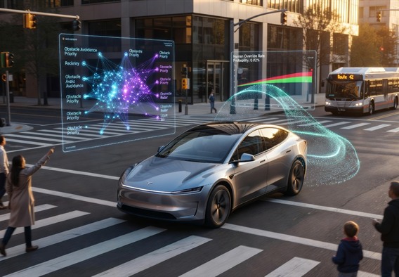 A sleek, futuristic Tesla Cybercab robotaxi navigating a modern urban intersection at golden hour, surrounded by semi-transparent holographic data overlays showing real-time sensor point clouds, neural network decision trees, and intervention rate graphs, photorealistic, cinematic lighting, high detail, technology and humanity theme