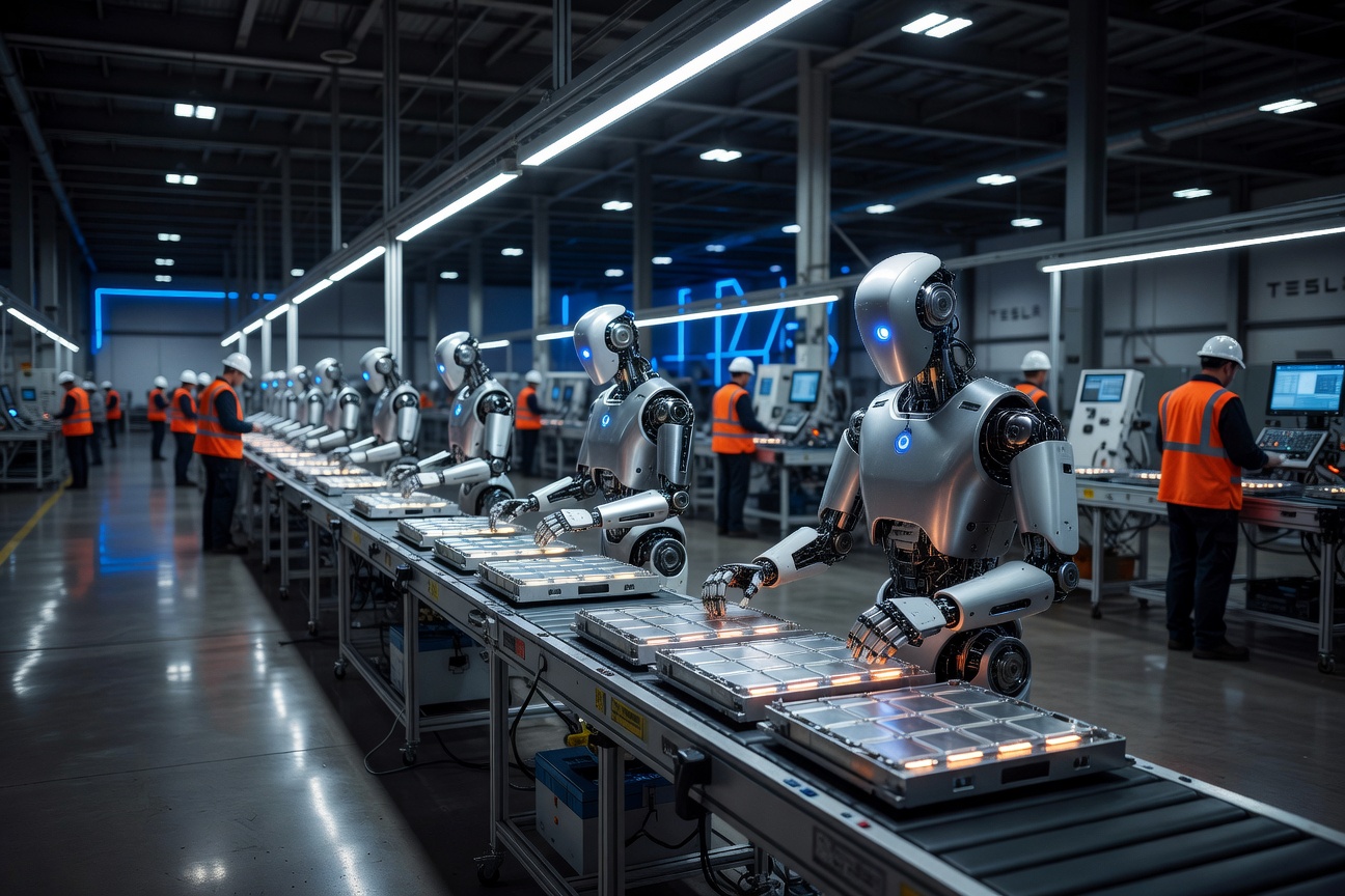 Tesla Optimus humanoid robot assembling battery cells on a Fremont factory floor bathed in blue LED light