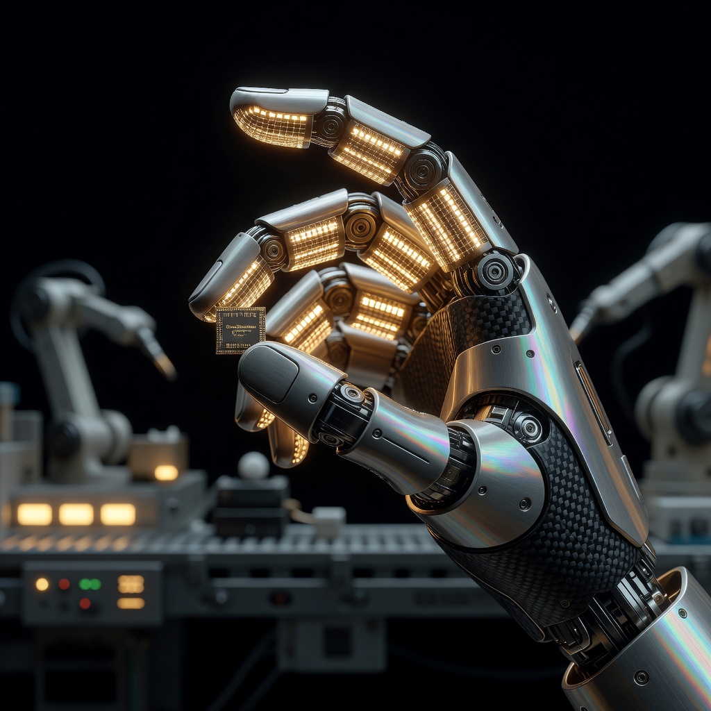 Close-up of Tesla Optimus robot hand grasping a precision battery component with tactile sensor mesh glowing