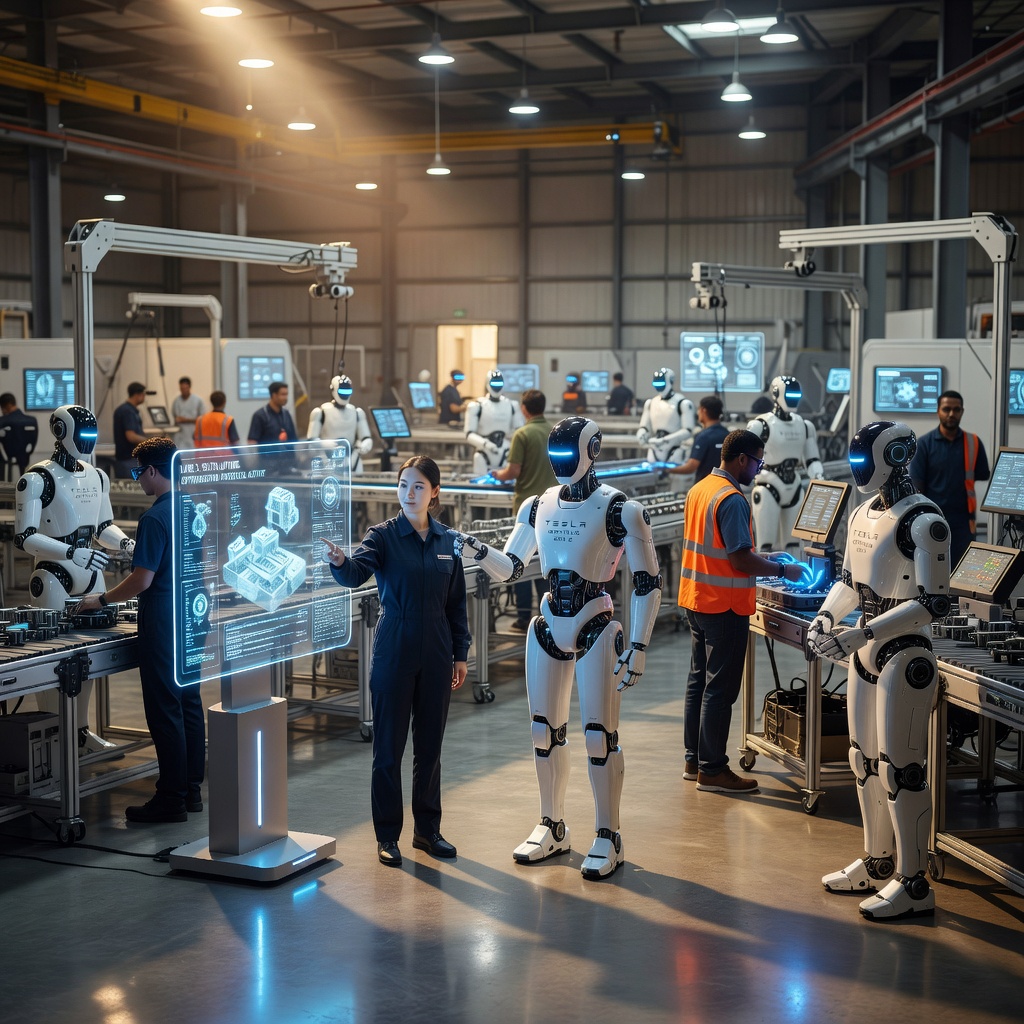 Row of Tesla Optimus Gen 2 humanoid robots in a futuristic production facility with human workers in background