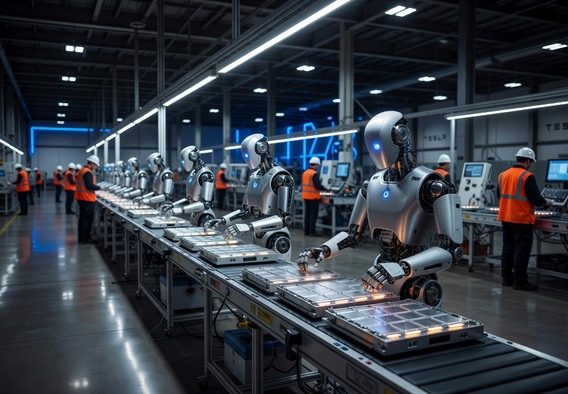 Cinematic wide-angle photograph of a futuristic Tesla factory floor at night, bathed in cool blue and white LED lighting, rows of sleek humanoid Optimus robots with silver and white finish standing at workstations assembling glowing battery cell modules, human workers visible in the background in orange safety vests, dramatic depth of field, photorealistic, high detail, sense of awe and technological wonder