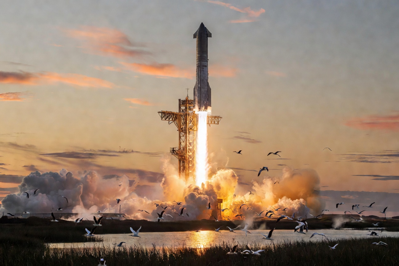 Starship rocket launching from Starbase Texas with plume of fire and smoke against a dawn sky