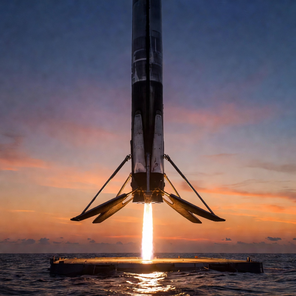Falcon 9 booster landing on drone ship in the ocean at dusk, engines blazing