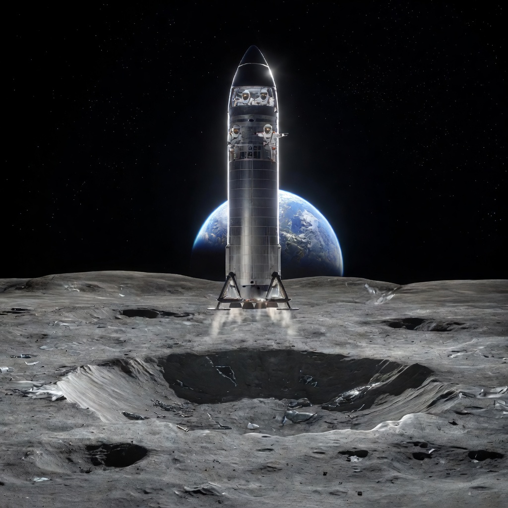 Futuristic Starship spacecraft descending toward the lunar surface with Earth visible in the background