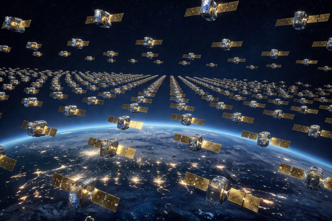 A constellation of low Earth orbit satellites illuminating global connectivity networks over Earth