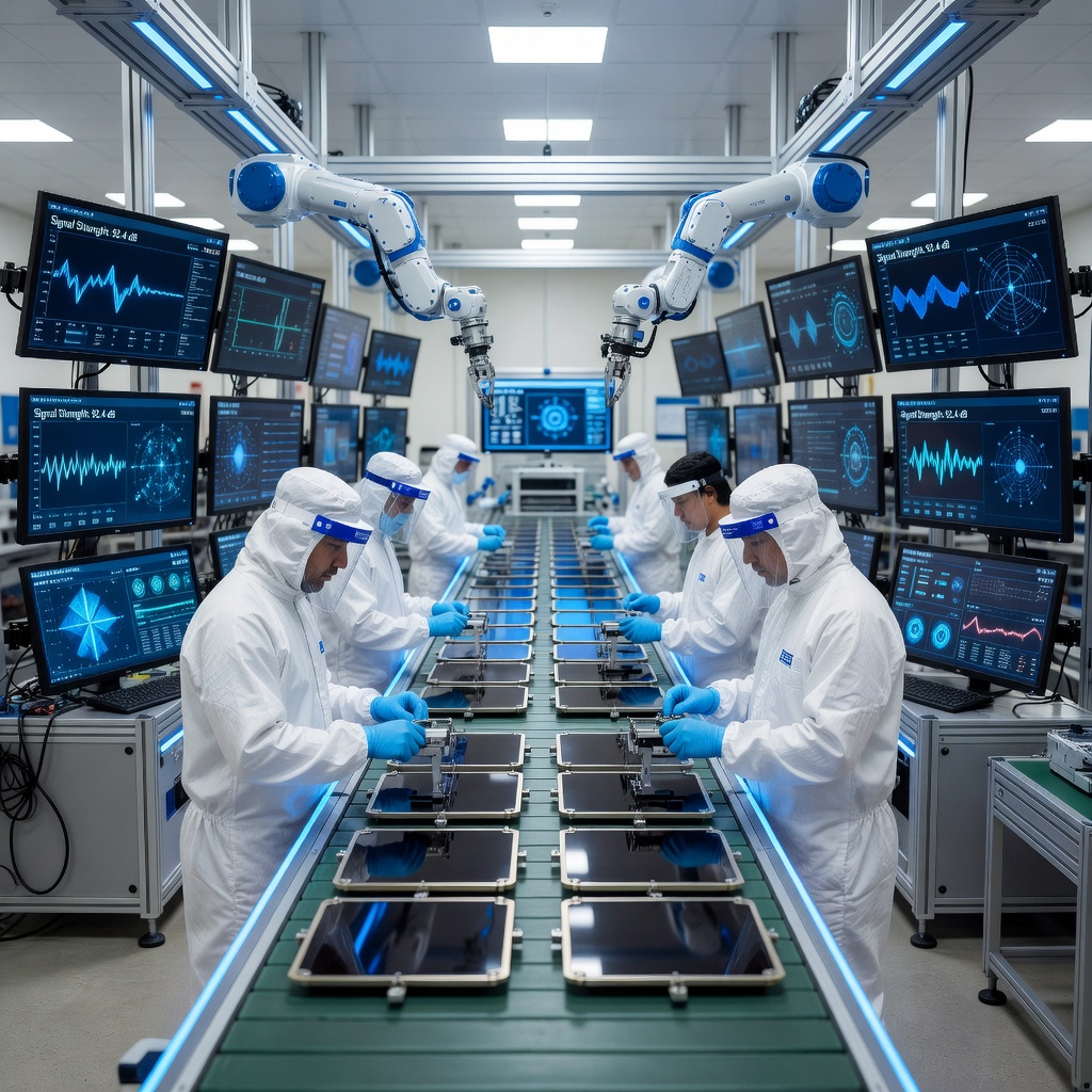 Engineers assembling next-generation flat-panel satellite terminal antennas in a high-tech manufacturing facility