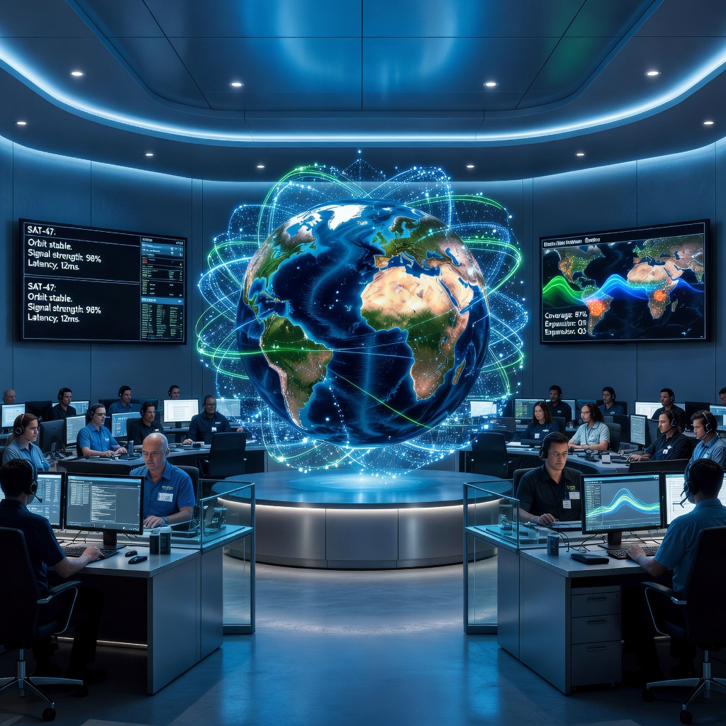 A control room with screens displaying real-time satellite constellation management and global broadband coverage maps