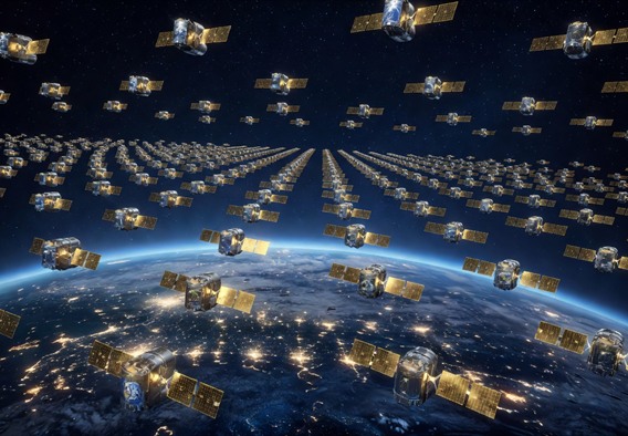 A breathtaking photorealistic wide-angle view from low Earth orbit showing thousands of small metallic satellites forming a luminous constellation grid above a curved Earth at night, city lights visible below through wispy clouds, golden solar panels catching sunlight, deep blue space background with stars, cinematic lighting, ultra-high detail, futuristic and awe-inspiring atmosphere
