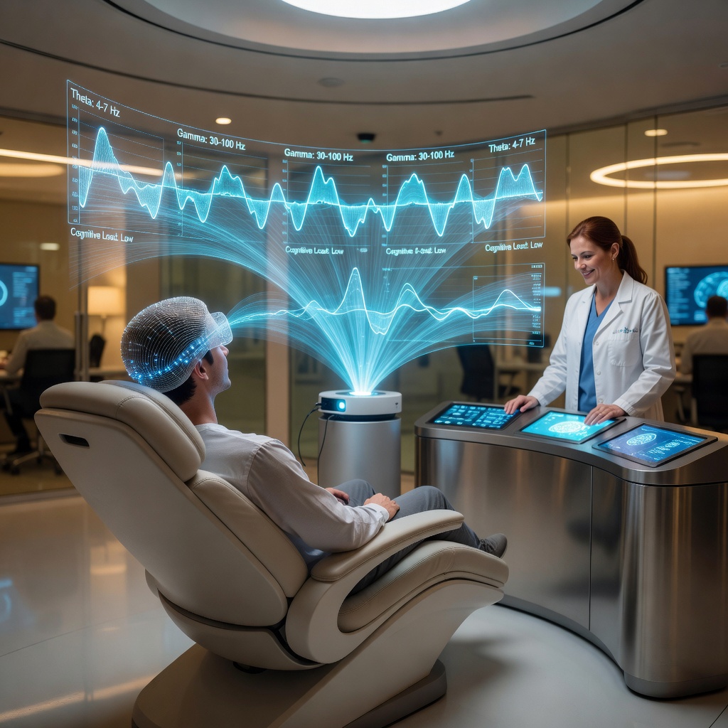 A neurotechnology researcher assists a patient during a brain-computer interface calibration session in a clinical lab