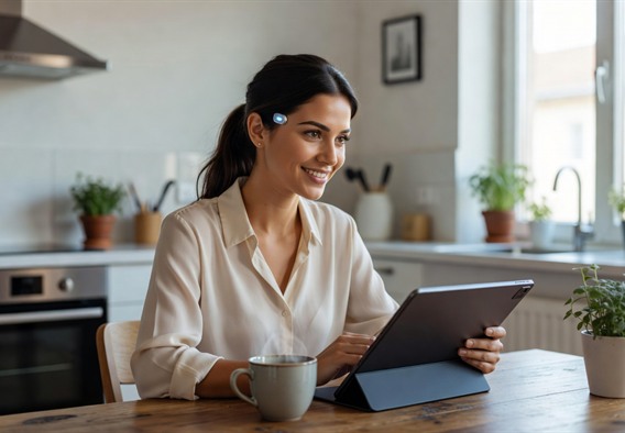 A photorealistic portrait of a young woman with a small, elegant neural implant device visible near her temple, sitting at a bright, sunlit kitchen table, smiling warmly while effortlessly controlling a sleek tablet with her gaze, coffee mug in front of her, ordinary domestic setting conveying normalcy and empowerment, soft natural lighting, optimistic and human-centered mood, hyperrealistic photography style