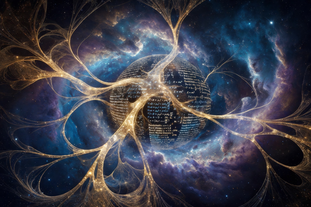 A futuristic AI neural network visualization merging with a deep space nebula, symbolizing artificial intelligence exploring the cosmos
