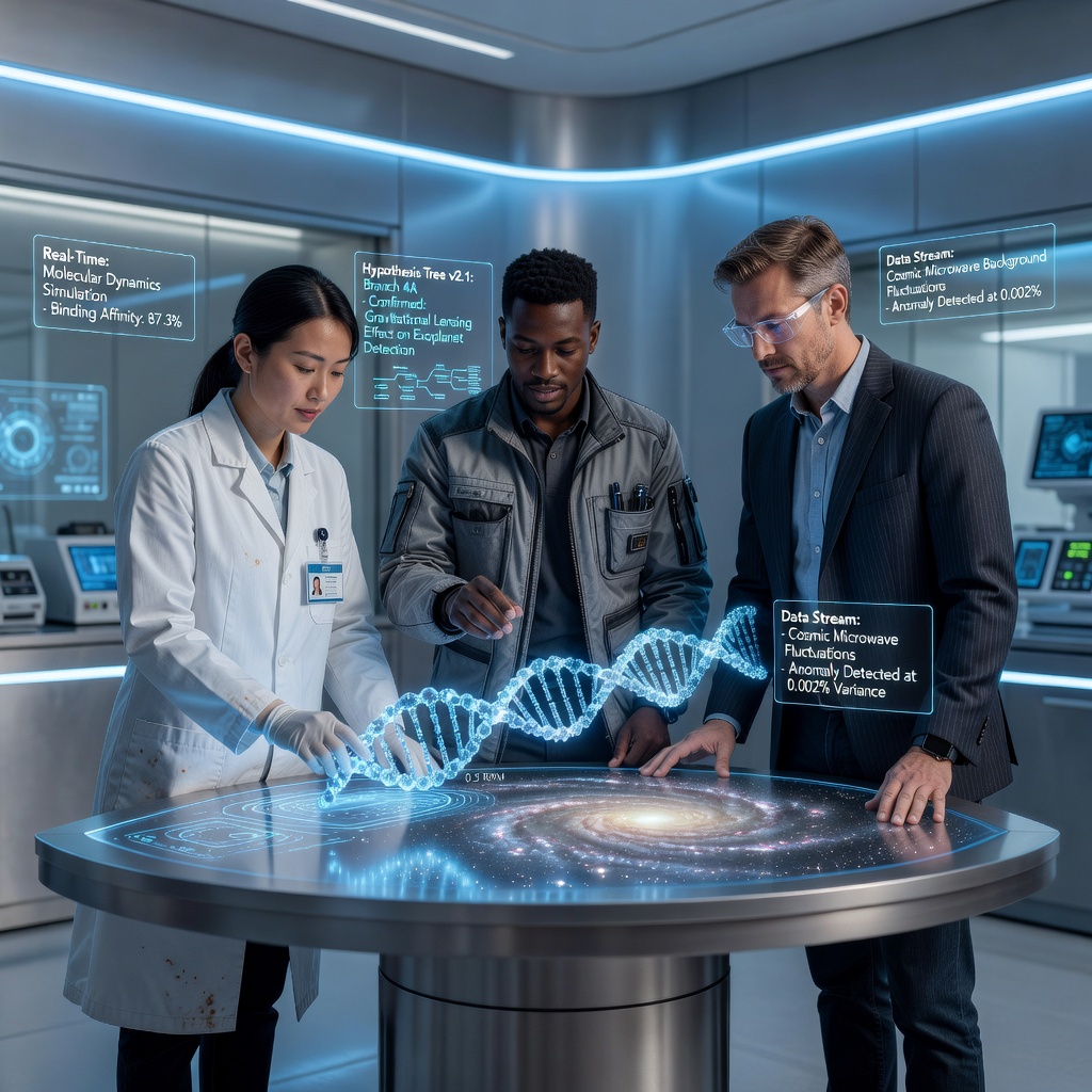 Scientists collaborating with holographic AI interfaces in a futuristic research laboratory, surrounded by floating data visualizations and cosmic maps