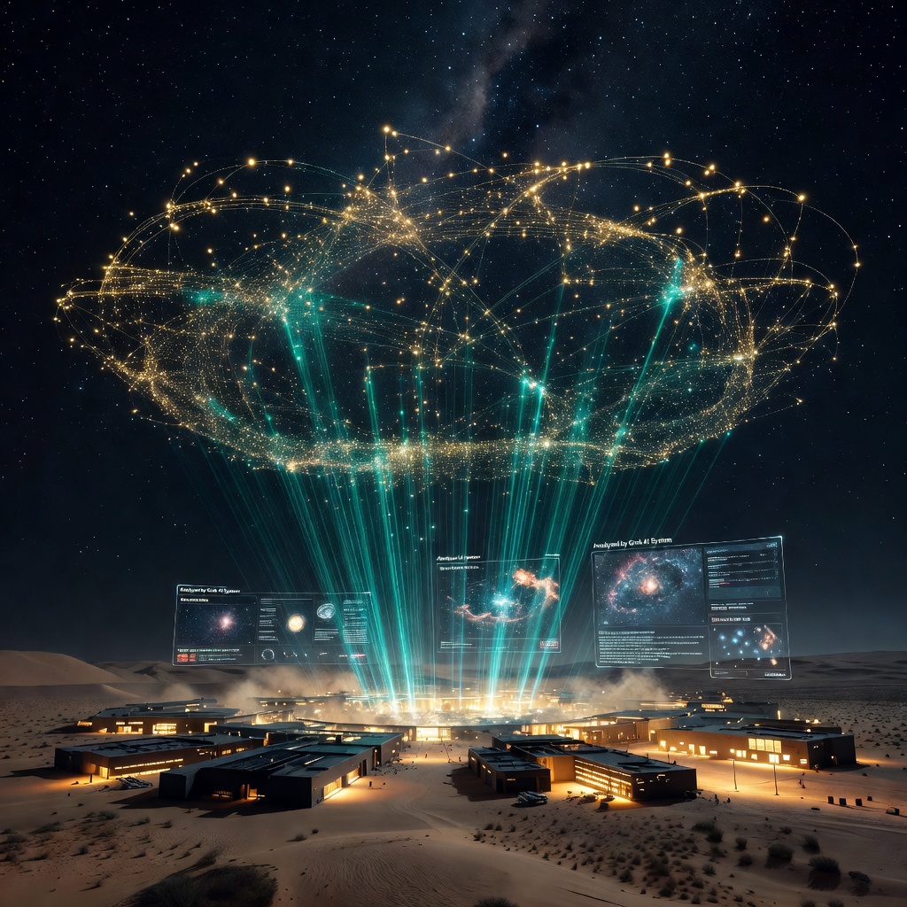 A photorealistic visualization of an AI system analyzing deep space telescope data, with glowing neural pathways connecting distant galaxies to a central computational core