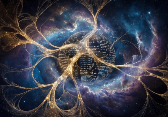 An awe-inspiring digital painting of a massive artificial intelligence neural network rendered as luminous golden filaments that extend outward and merge seamlessly with a deep-space nebula filled with swirling blues, purples, and whites. At the center, a glowing Grok-like interface displays streaming equations and cosmological data. The composition suggests a mind reaching into the cosmos, ultra-detailed, cinematic lighting, 8K resolution, science fiction realism.