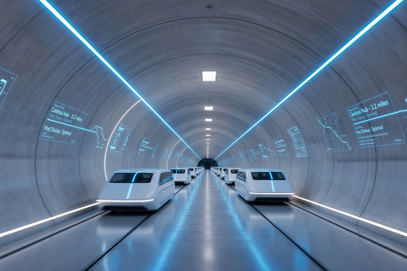 Futuristic underground tunnel with Tesla vehicles moving passengers beneath a glowing American city