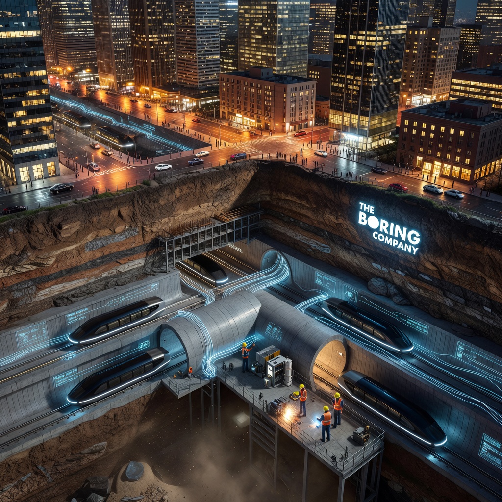 Cross-section illustration of a Boring Company tunnel beneath a glowing futuristic city grid