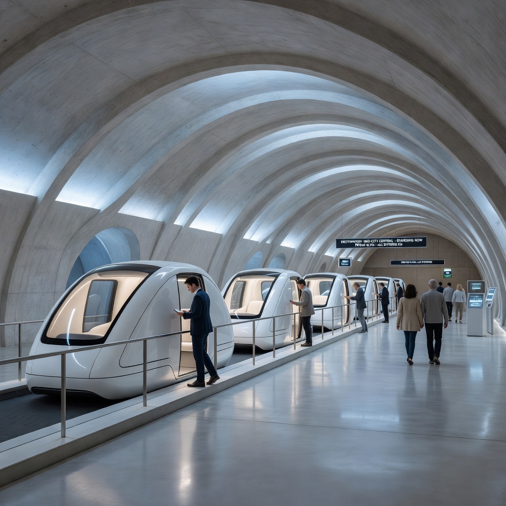 Autonomous Tesla vehicles queued inside a futuristic underground tunnel station glowing with blue ambient lighting