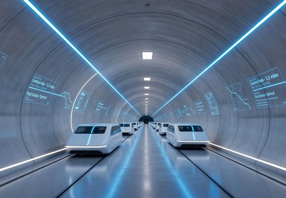 Photorealistic wide-angle view inside a sleek futuristic underground tunnel system beneath a major American city, multiple white electric vehicles moving through illuminated tunnel tubes with glowing blue LED strip lighting along the ceiling and walls, transparent route maps projected on tunnel walls, sense of high speed and clean technology, cinematic lighting, ultra-detailed, no people visible, emphasizing the scale and engineering precision of the infrastructure