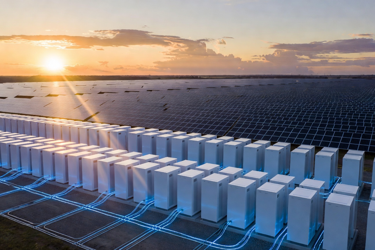 Vast solar farm at dawn connected to rows of Tesla Megapack battery systems