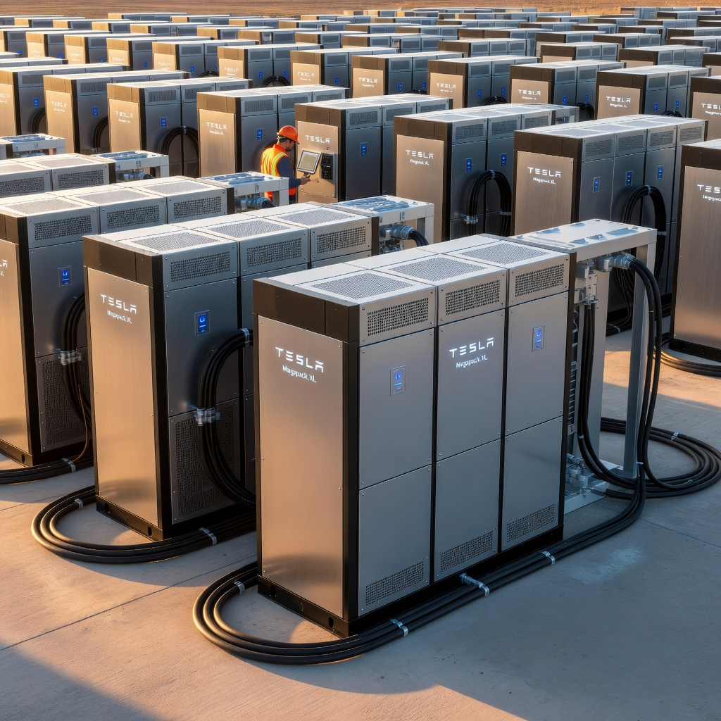 Tesla Megapack units lined up at a utility installation site at golden hour