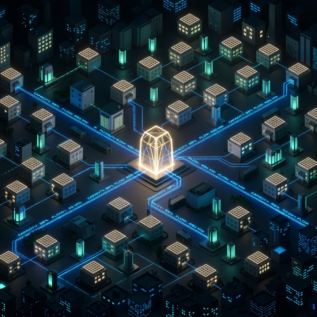 Futuristic digital visualization of a virtual power plant network connecting homes solar panels and battery storage across a glowing city grid