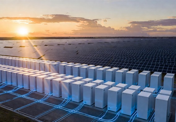 Vast photorealistic solar farm stretching to the horizon at dawn, golden light cascading over thousands of solar panels, with rows of sleek white Tesla Megapack battery storage units in the foreground connected by glowing blue energy conduits, ultra-realistic, cinematic wide shot, futuristic clean energy infrastructure, dramatic sky with soft orange and purple clouds, emphasizing scale and technological sophistication