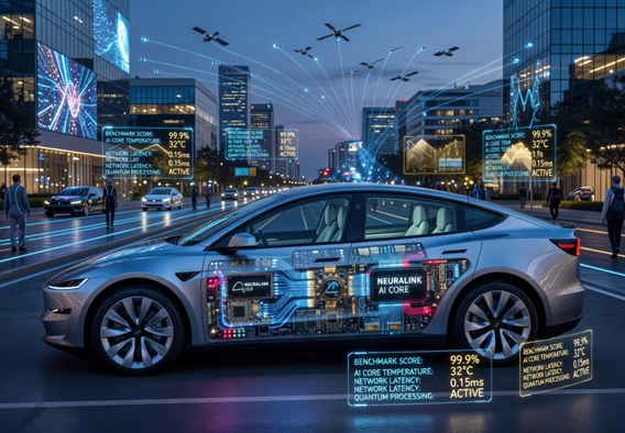 A gleaming silver Tesla Cybercab with a transparent chassis cutaway revealing futuristic AI neural network circuitry, parked on a smart city street at dusk with holographic benchmark data charts floating in the air around it, data streams connecting to satellites above, photorealistic cinematic lighting, ultra-detailed, 8K resolution, blue and gold color palette
