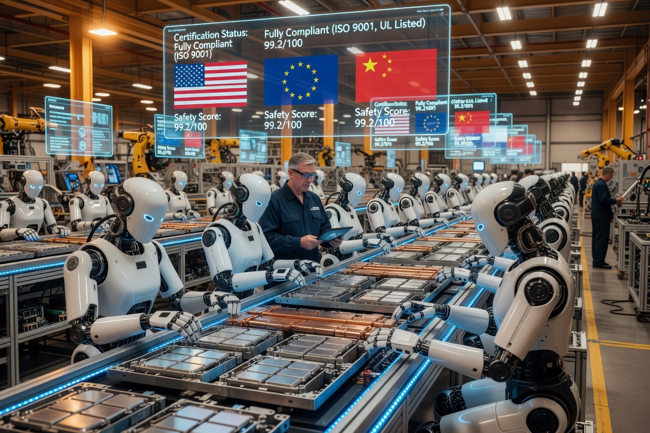 Futuristic humanoid robots assembling products on an advanced automated factory floor with holographic regulatory compliance dashboards floating above them