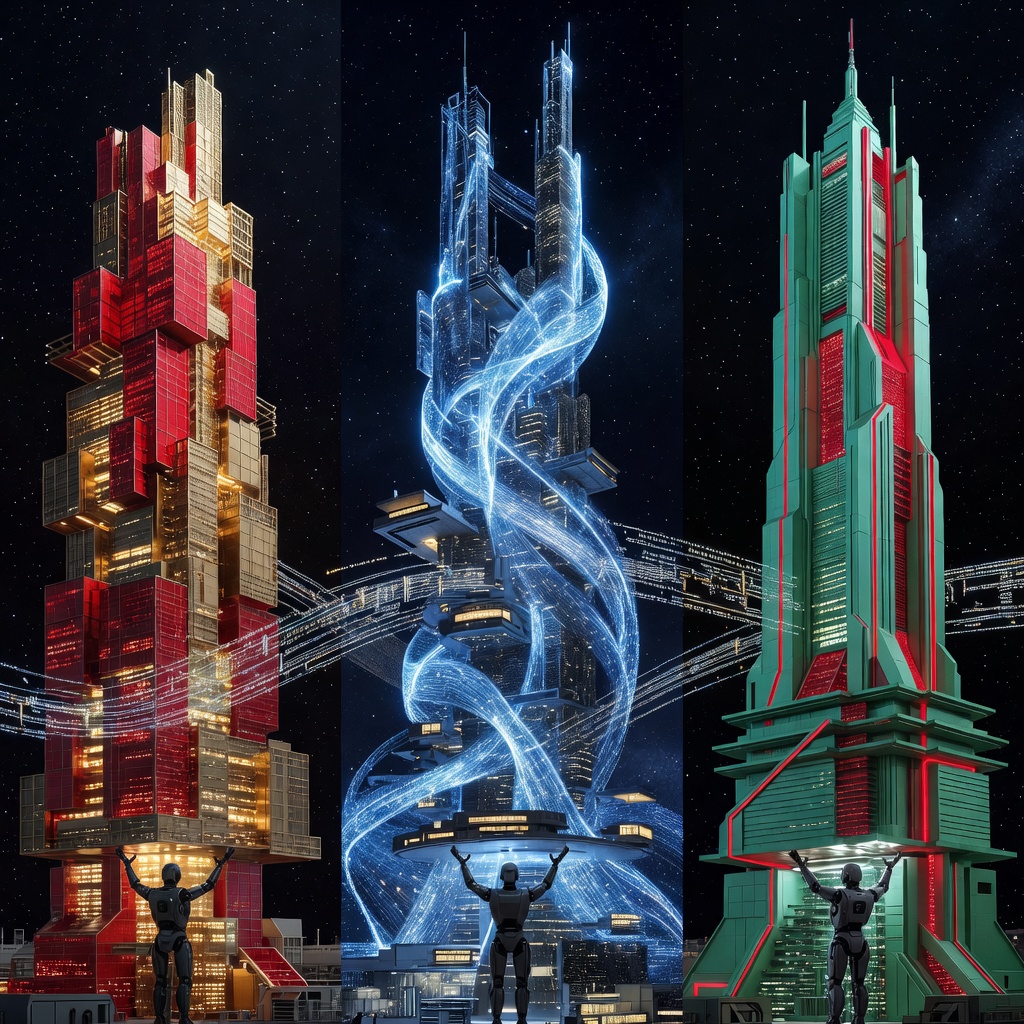 Split-screen visualization showing three global regulatory frameworks for AI robots represented as glowing digital architecture in red, blue, and gold, symbolizing US, EU, and Chinese governance models