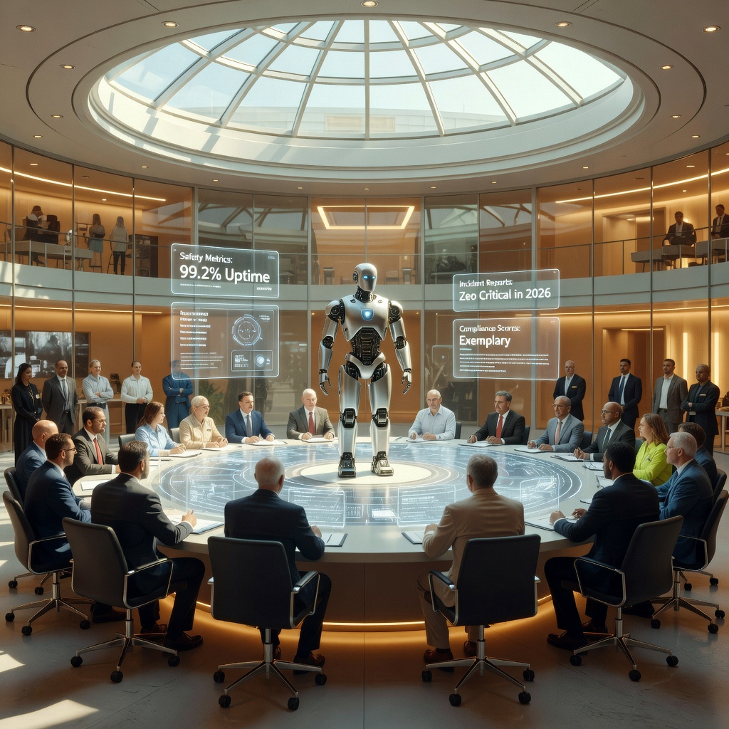 Diverse group of policymakers, engineers, and workers sitting around a transparent holographic table displaying robot safety data and compliance metrics in a bright civic chamber of the future